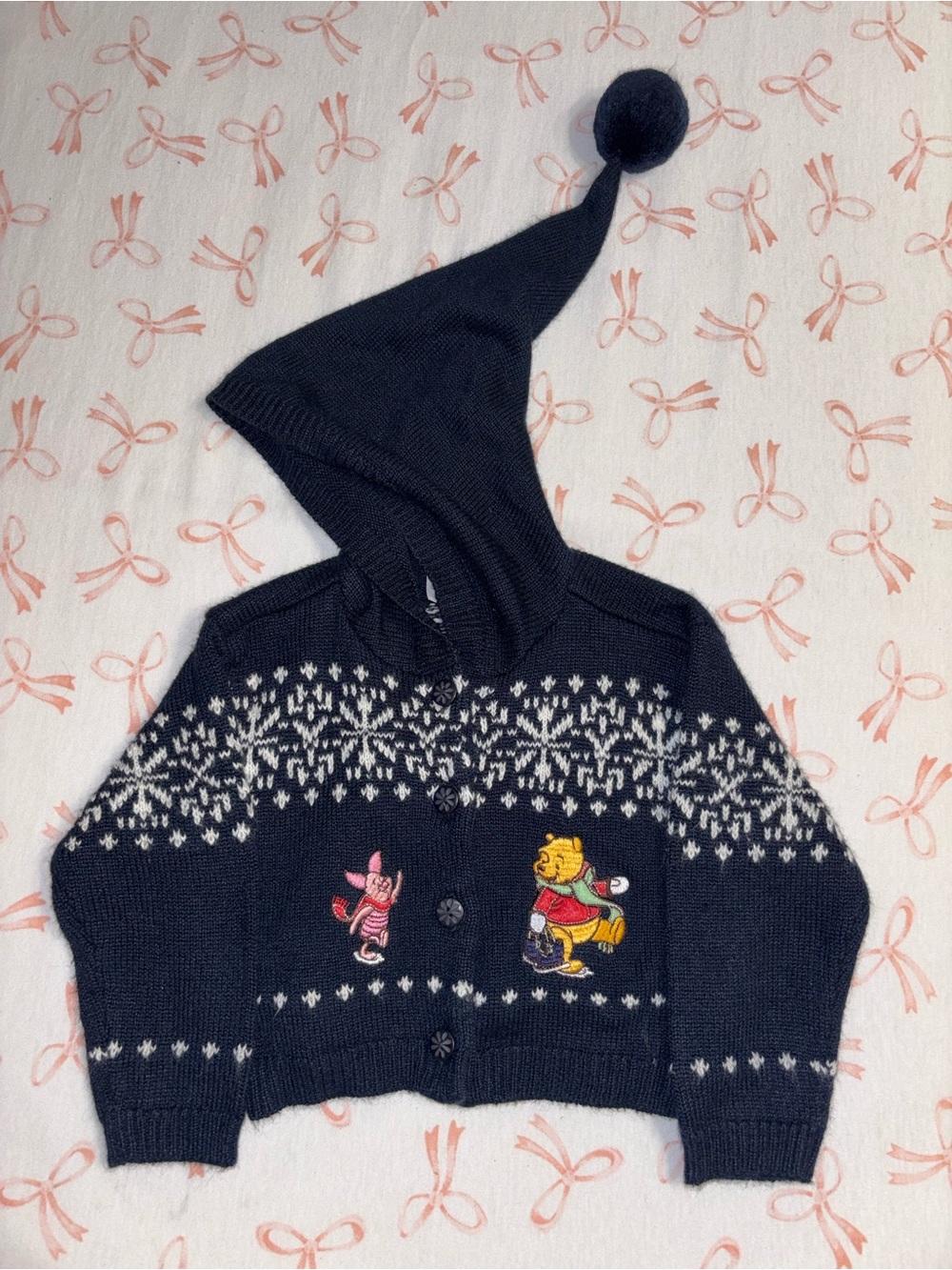 Vintage Kids Navy Knit Hooded Cardigan with Winnie the Pooh Embroidery 12M